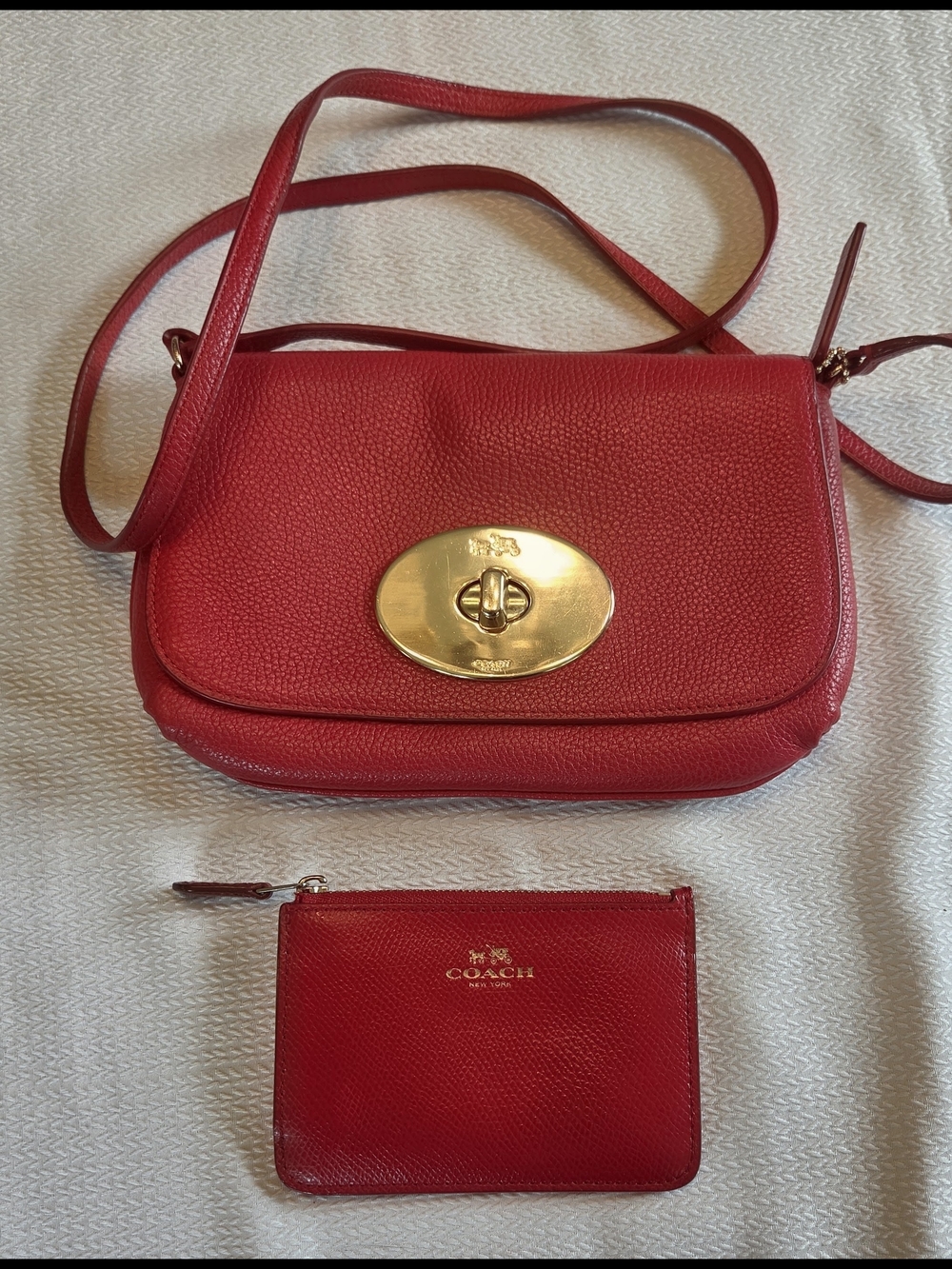 Coach Red Leather Liv Turnlock Crossbody with Key Chain Card Case